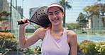 Sports, padel and face of woman on court for training, exercise and playing for competition. Practice, fitness and portrait of person for hobby, workout and challenge for tournament, match and game