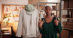 Fashion, live streaming and face of black woman in warehouse for trend analysis, promotion and retail. Ecommerce, content creation and designer product with person in factory for presentation