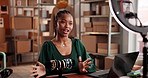 Girl, influencer and ring light with jewelry, talk and review with choice for online audience. African woman, dropshipping and unboxing with content creation, bracelet or social network post at store