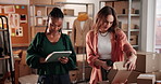 Ecommerce boxes, fashion designer or scroll with tablet for scan online order, barcode or customer info. People, teamwork and tech in retail store for shipping package, logistics and small business.