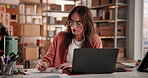 Woman, writing or laptop for ecommerce order, customer delivery or shipping info in fashion business. Person, taking notes or computer in retail office for sale, packaging details or courier service.