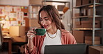 Laptop, entrepreneur and woman smell with coffee cup in warehouse, ecommerce and getting ready for work.Small business, energy boost and person with tech for supply chain, tea aroma and hot beverage.
