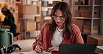 Woman, writing and laptop for ecommerce logistics, delivery and shipping info in fashion business. Person, taking notes with computer in retail office for sale, packaging details and courier service.