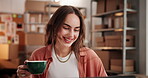 Laptop, entrepreneur or happy woman with coffee cup in warehouse, ecommerce or getting ready for work. Small business, energy boost or person with espresso to improve productivity, tech and hot drink