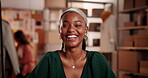 Design, face and laughing with happy woman in office at night for small business planning or research. Computer, creative and startup with funny designer in dark workplace for job satisfaction