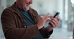 Hands, phone and businessman in office with networking, communication or contact with email. Technology, typing and male corporate employee with cellphone for texting on mobile app in workplace.