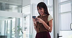 Excited, employee and woman with smartphone, office or reading updates for event, happy and texting. Creative, coordinator and mature person with mobile for communication, laugh and plan for project