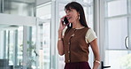Phone call, smile and business woman in office with chat, funny conversation or news update. Mobile, laugh or talk with mature journalist for story source, communication or article feedback at work