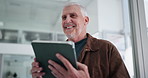 Laughing, planning and tablet with business man in office for reaction to feedback or good news. App, funny and thinking with mature employee in workplace for project management, reading or research