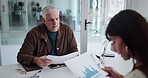 Business people, documents and meeting with statistics for company report, analytics or analysis. Businessman, woman or employees with paperwork, graph or chart for finance or performance review