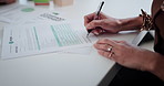 Business person, hands and signing with documents for contract, legal agreement or deal in office. Closeup, employee or writing with signature for company application, form or insurance in workplace