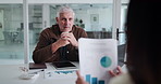 Discussion, documents and business people in office with finance negotiation, statistics or data. Meeting, charts and financial manager with client for investment proposal with paperwork in workplace