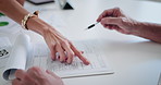Business people, hands or signature with documents for contract, legal agreement or deal in office. Closeup, above or employee signing with pen for company application, form or insurance in workplace