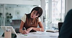 Documents, tablet and writing with business woman in office for collaboration on financial review. App, finance and paperwork with mature employee in workplace for administration, report or update