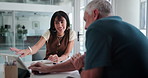 Conversation, tablet and business people in office with finance negotiation, statistics or data. Meeting, technology and financial manager with client for investment pitch with documents in workplace
