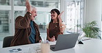 Fist bump, high five and laptop with business people in office together for goals or target. Applause, celebration and computer with mature employee team in workplace for motivation or success