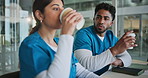 Coffee, conversation and healthcare with nurses in hospital together for feedback or review. Break, discussion and planning with medical students drinking in clinic for internship or residency