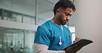 Walk, man and nurse in hospital with tablet, report and reading for illness and wellness. Healthcare, medical service and person in lobby for clinical trial, technology or schedule for information