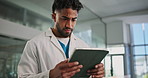 Tablet, doctor and confused man in hospital for healthcare, report error or mistake. Technology, reading and serious medical professional with telehealth glitch, insurance review and problem solving