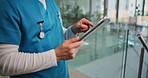 Hospital, scroll and hands of nurse on tablet for medical report, research and online results. Healthcare, clinic and person on digital tech for patient records, insurance info or planning on website