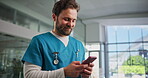 Doctor, telehealth and man with smartphone, hospital and medical advice on social media and website. Healthcare, communication and person with mobile for appointment reminder, laughing and texting