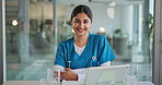 Face, woman and doctor with smile in hospital for career pride, about us and medical services. Portrait, female person and ambition with tablet, healthcare report and Telehealth for patient wellness