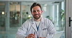 Face, man and doctor with smile in hospital for career pride, about us and medical services. Portrait, male person and writing notes with tablet, healthcare report and Telehealth for patient wellness