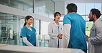 Doctors, nurses and greeting with handshake in clinic for onboarding, new recruit or introduction. Health staff, people and shaking hands for healthcare opportunity, medical internship and kindness