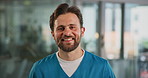 Smile, nurse and face of man in hospital for healthcare, about us and pride. Happiness, medical professional and physician with portrait of person in clinic for wellness advisor and confidence