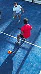 Padel racket, coach or men with practice on court, outdoor sport and training lesson for skill development. Above, instructor clap and athlete hit ball with tennis gear, fitness or technique success
