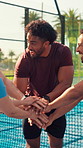 Man, friends and stack hands at tennis court, excited and support with motivation for fitness. Person, group and padel with celebration, team and happy for achievement, applause or exercise at club