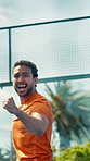 Man, padel and celebration at tennis court for win, power or achievement with fitness at club. Person, athlete and outdoor with fist pump, gear and success in game, contest and competition in city