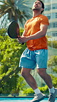 Man, padel and training at tennis court with racket, power and exercise for match fitness. Person, athlete and outdoor with equipment, gear or workout with game, contest or competition at club
