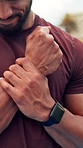 Sports, outdoor and hands of man with wrist pain for workout injury, accident and sprain. Tennis, fitness and person with tension, joint ache and carpal tunnel for exercise, training and practice
