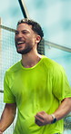 Padel, sports and man on court for winning game, match and challenge outdoor. Fitness, tennis and athlete celebrate for achievement, exercise and training for competition, practice and tournament