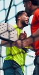 Fitness, net and men in tennis court with win, celebration or swing in competition action. Padel, partner and athlete outdoor with barrier, victory or game endurance in training performance.