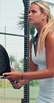 Padel, woman and workout outdoor for sports, tournament practice or competition with energy. Tennis player, court and person in match for fitness challenge, training or exercise for  game celebration