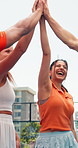 Woman, group and high five at tennis court, game or excited with support for motivation at fitness club. Team, friends and padel in celebration, goals and happy for achievement with applause at match