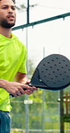 Padel, man and exercise outdoor for fitness, tournament practice or competition with energy. Tennis player, court and person in match for challenge, training or workout for health with sports game
