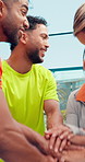 Group, padel and sport with hands together for fitness, match or game on outdoor court. People, huddle and tennis athlete with stack for unity, solidarity and support for teamwork for competition