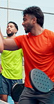 People, padel and sport with high five for fitness, match or game on outdoor court. Group, huddle and tennis athlete with friends for unity, solidarity and support for teamwork for competition
