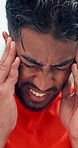 Fitness, pain and man with headache outdoor from intense workout, dehydration and discomfort. Athlete, dizzy and person with tension migraine from endurance challenge, overworked and massage temples