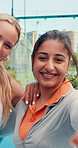 Face, athlete and woman with selfie on tennis court of photography, fitness and match practice. Portrait, people and friends hug for social media post, sports training and capture memory of challenge
