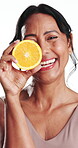 Face, skincare or woman laugh with lemon in studio, vitamin c or natural cosmetics for wellness benefits. Anti aging, dermatology and mature person with citrus for glow, brighten and white background