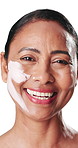 Clay mask, skincare and face of mature woman in studio for anti aging, collagen and cosmetics. Dermatology, white background and portrait of happy person with brush for health, facial and beauty