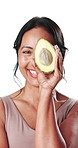 Beauty, avocado and face of mature woman in studio with natural, cosmetic and facial routine for antiaging. Health, skincare and portrait of person with fruit for dermatology by white background.