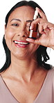 Face, woman and skincare bottle in studio for hydration serum, collagen treatment and anti aging. Beauty, mature person and happy with retinol oil for skin benefits and self care on white background