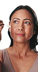 Mature woman, face and dropper in studio for essential oil, skincare or smile on white background. Person, happy and beauty serum in portrait, cosmetocs or application for antiaging benefit in Mexico