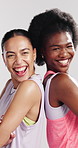 Fitness, face and friends with laugh in studio for funny joke, exercise break and workout support. Athletes, women and happy with arms crossed on white background for training recovery or teamwork