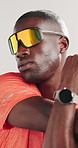 Runner, sunglasses and stretching of black man in studio for health, fitness and warm up. Cardio challenge, sports athlete and training with person on white background for wellness, start and workout